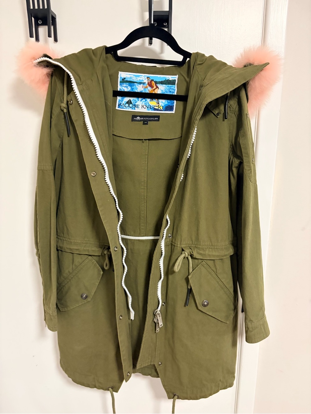 Moose Knuckles Olive Green Trench Coat with Pink Fur Hood Trim